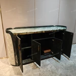 Curved Marble-Top Sideboard with Glossy Wood Veneer & Quilted Leather Accents